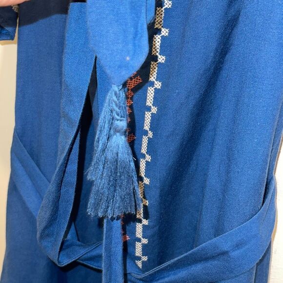 Cupcake and Cashmere Boho Embroidered Cotton Linen Mini Dress Blue Medium - Picture 5 of 11